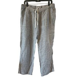 Caslon Women’s 100% Linen Pants Wide Leg  Stripe Blue White L Drawstring